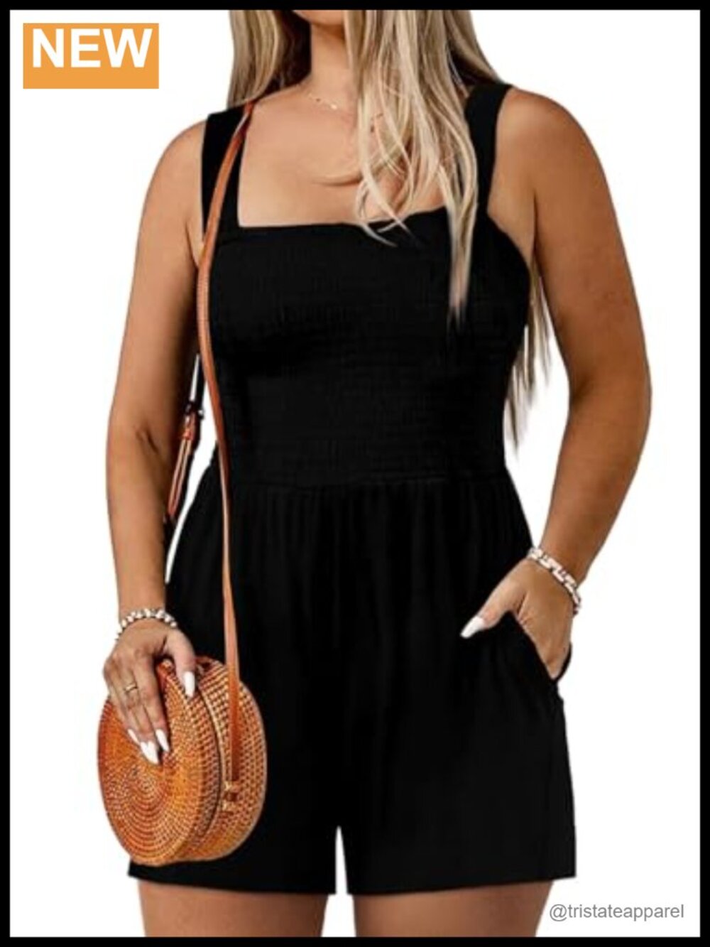 Plus Size Smocked Square Neck Sleeveless Jumpsuit Romper with Pockets